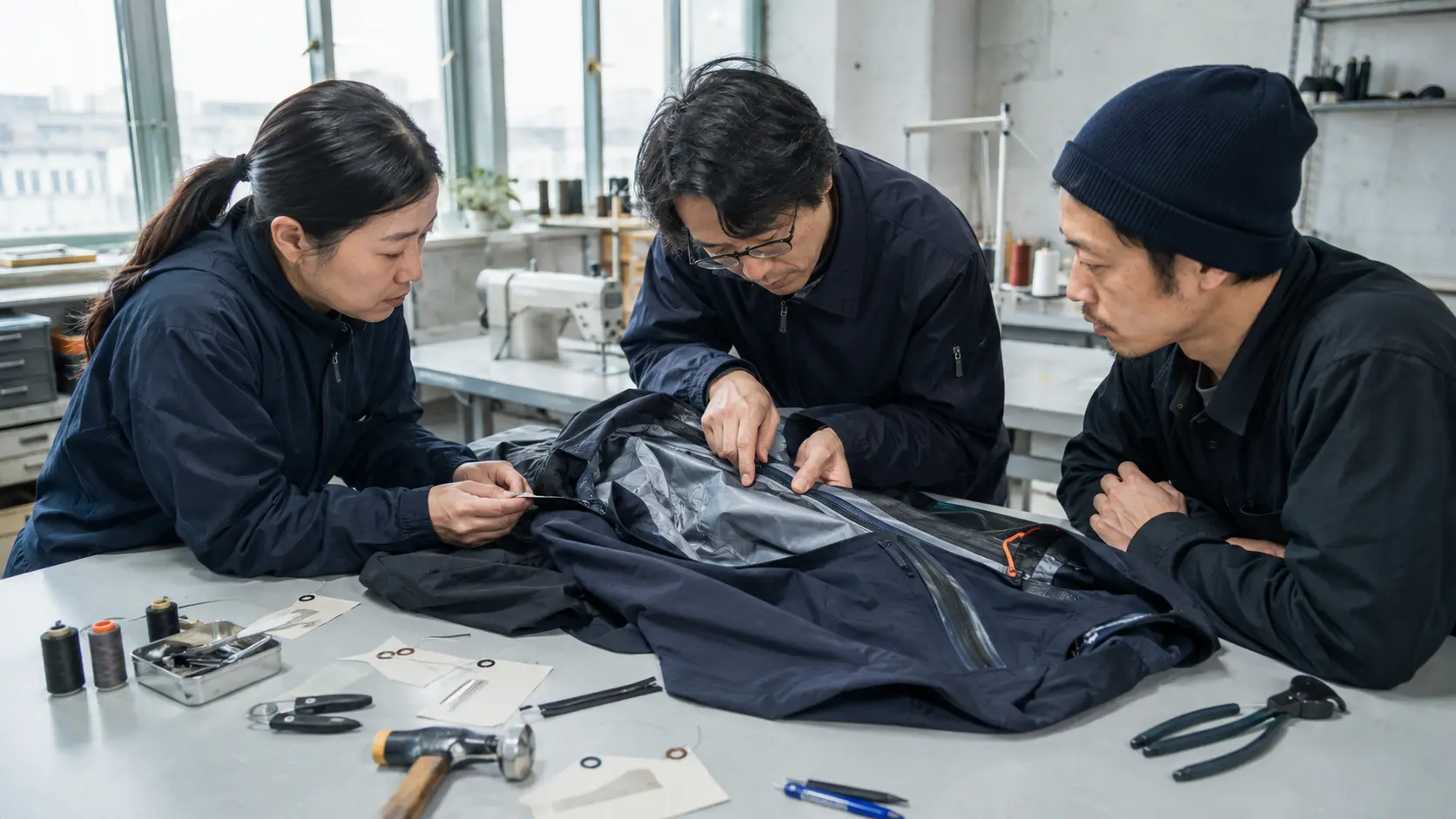 Illustrative documentary scene of apparel specialists assessing and repairing a technical outdoor jacket